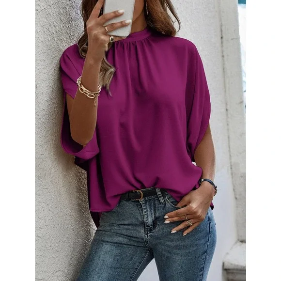 Tie Back Batwing Sleeve short sleeve Blouse black - Picture 10 of 11